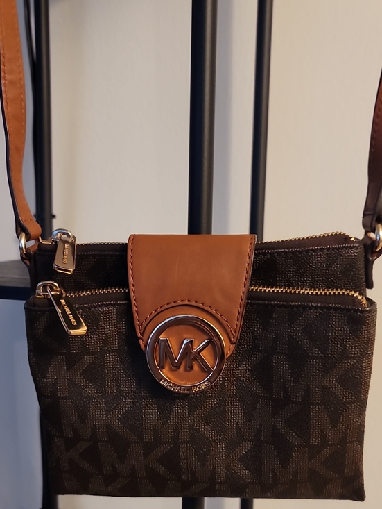 Michael Kors Handbags - Michael Kors Brown Logo Crossbody with Tan Leather Flap and Gold MK Emblem